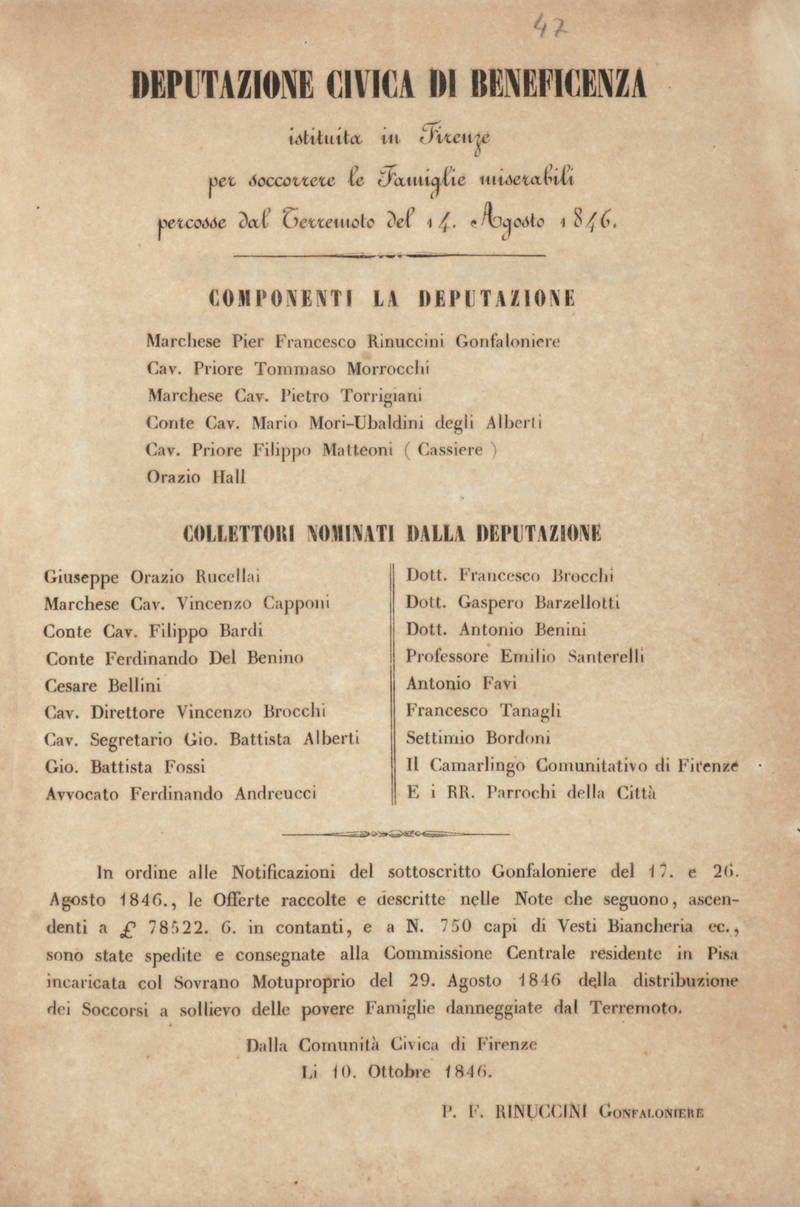 DEPUTAZIONE Civica di Beneficienza istituita in Firenze per soccorrere le famiglie miserabili percosse dal terremoto del 14 agosto 1846.