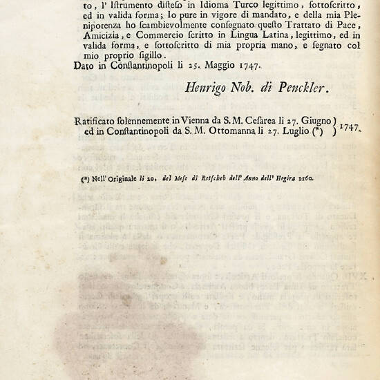 Trattato di Pace Perpetua e Libero Commercio Fermato tra Sua Maestà Imperiale e Sua Maestà Ottomanna. Li 25. Maggio 1747.