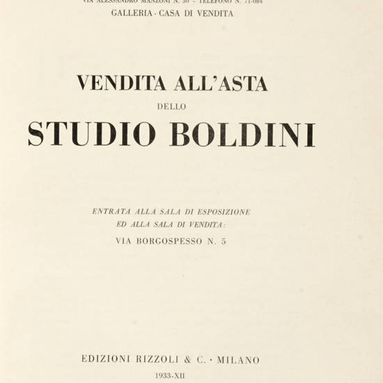 VENDITA all'asta dello studio Boldini. Prefazione di R. Calzini.