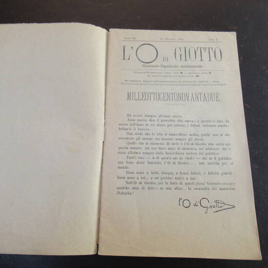 L'O di Giotto. Rivista illustrata Settimanale di Vamba. Anno III, N.1 ( 27 Dicembre 1891). Numero di Saggio.