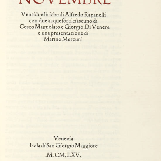 Arie di Novembre. Ventidue liriche di Alfredo Rapanelli con due acqueforti ciascuna di Cesco Magnolato e Giorgio di Venere e una presentazione di Marino Mercuri.