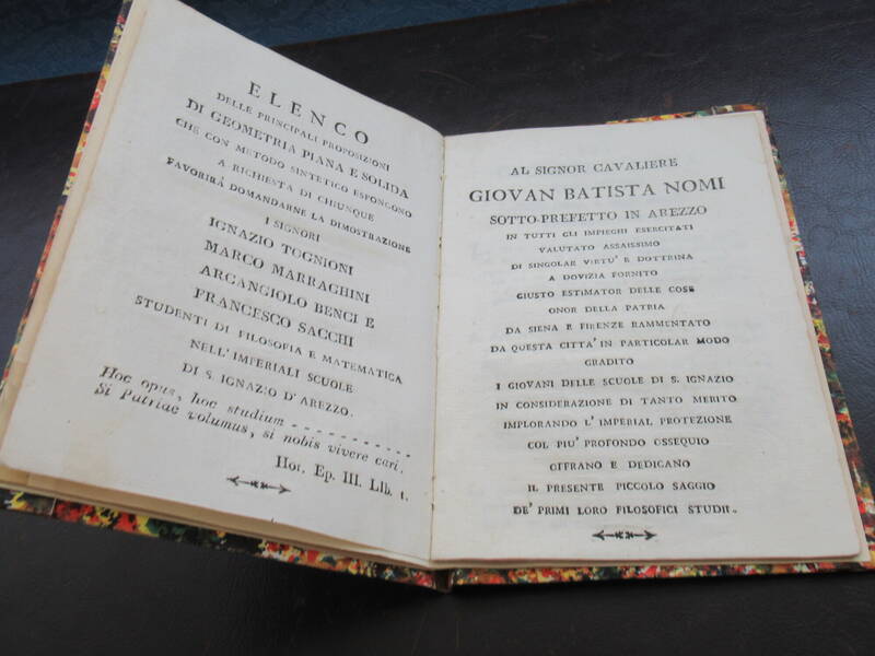 Elenco delle principali proposizioni di geometria piana e solida e delle sezioni coniche che con metodo sintetico espone a richiesta di chiunque favorirà domandarne la dimostrazione... i signori: Ignazio Tognioni, Marco Marraghini, Arcangiolo Benci e Fra