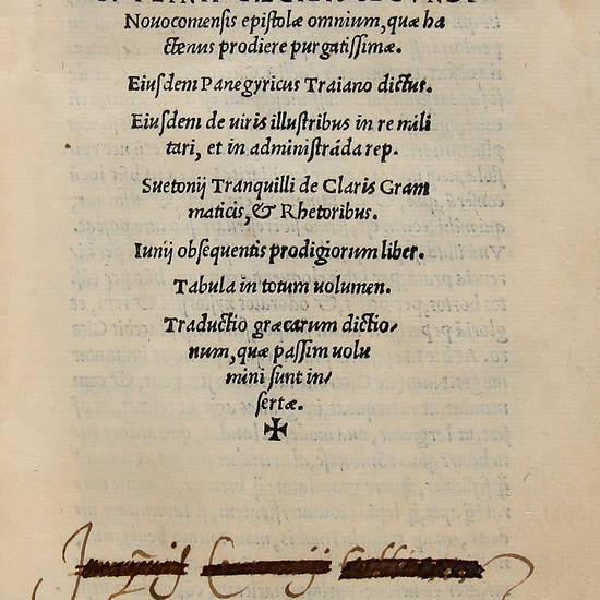 Novocomensis epistolae omnium,...Eiusdem Panegyiricus Traiano dictus./ Eiusdem de Viris illustribus in re militari...Svetonij Tranquilli de Claris Grammaticis, & Rhetoribus...Traductio graecarum dictionum, quae passim volumini sunt insertae.