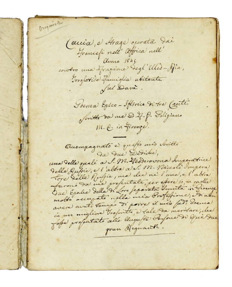 Caccia, e strage operata dai / Francesi nell'Affrica nell' / Anno 1845. / contro una Frazione degl'Ulled-Ria, / Troglodite Famiglia abitante / sul Darà. / Poema Epico-Istorico di tre Canti / Scritto da me D. F. G. Poliziano / M. C. in Firenze.